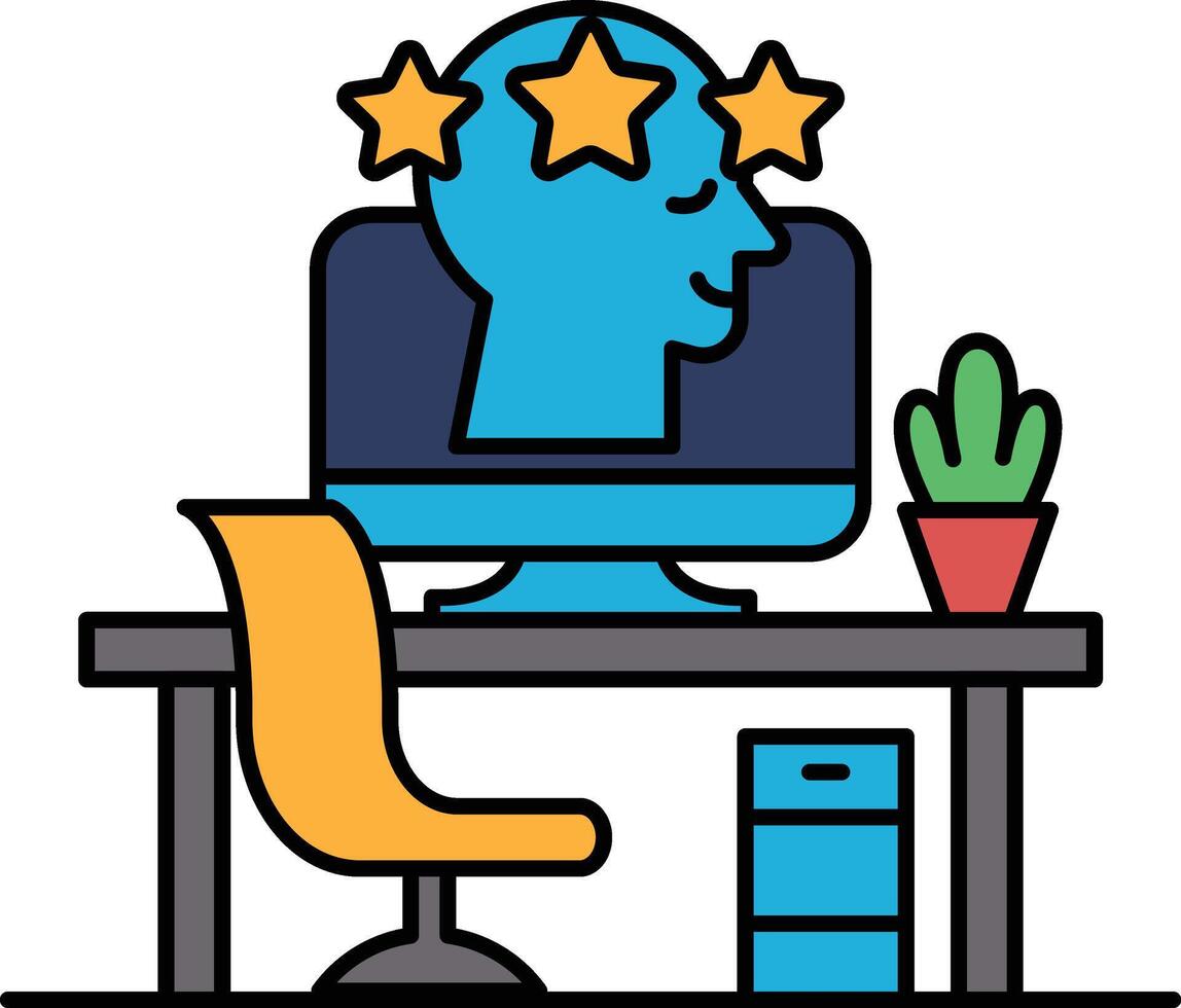 A computer monitor with a head and stars on it sits on a desk with a chair vector