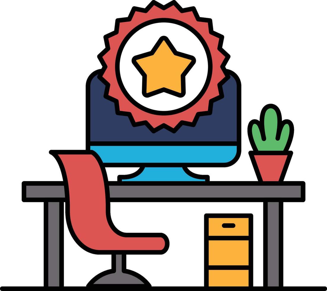 A computer monitor with a star on it sits on a desk with a red chair vector