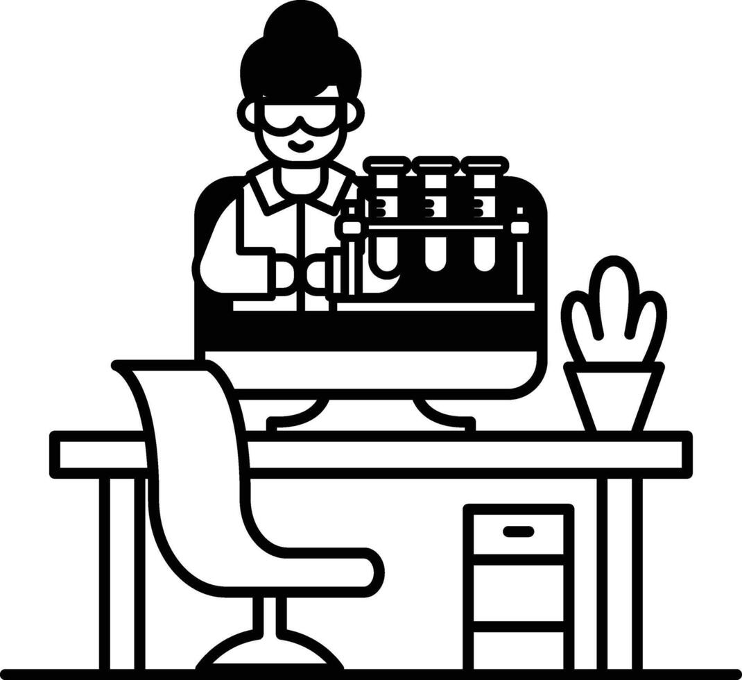 woman in a lab coat is working on a computer monitor vector