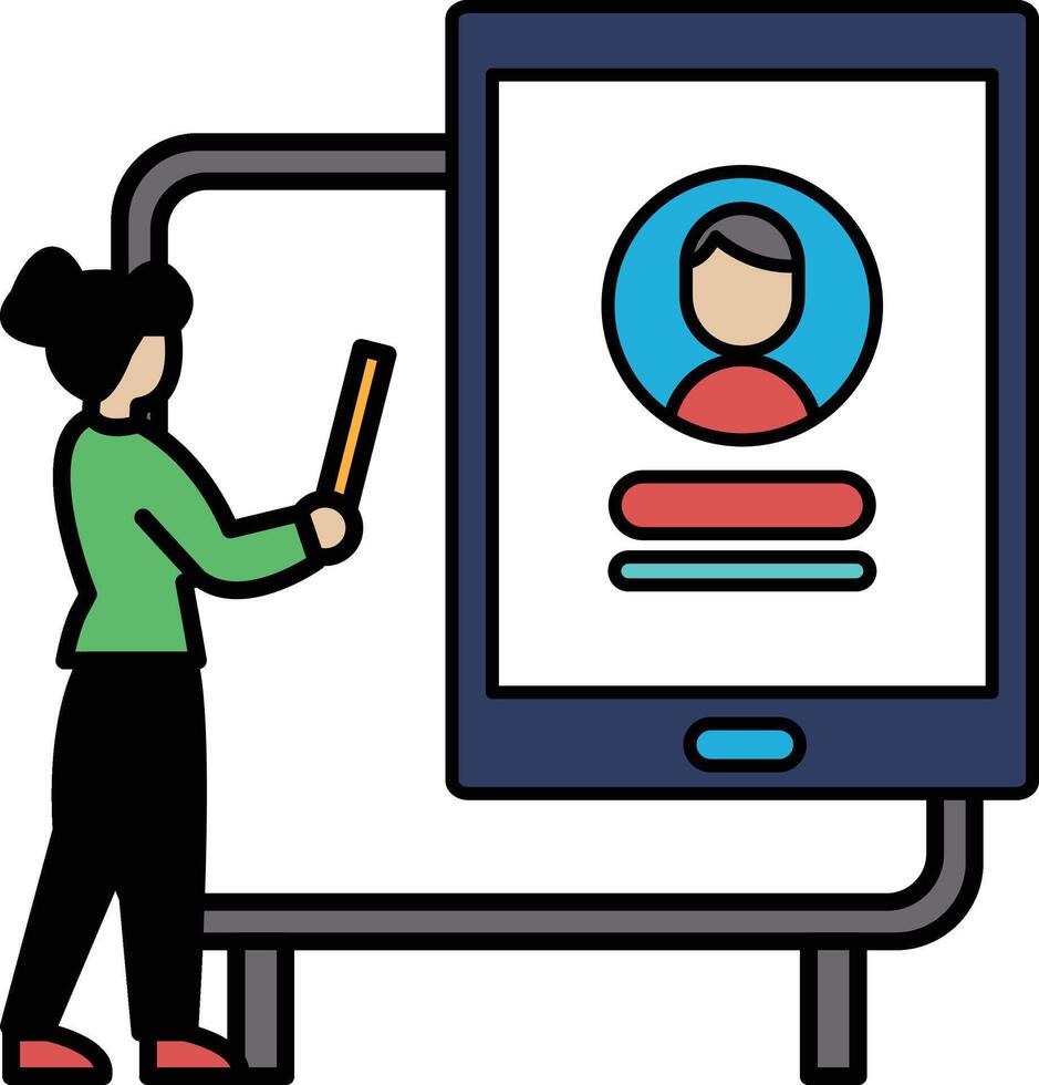 A woman is holding a pencil and standing in front of a tablet vector