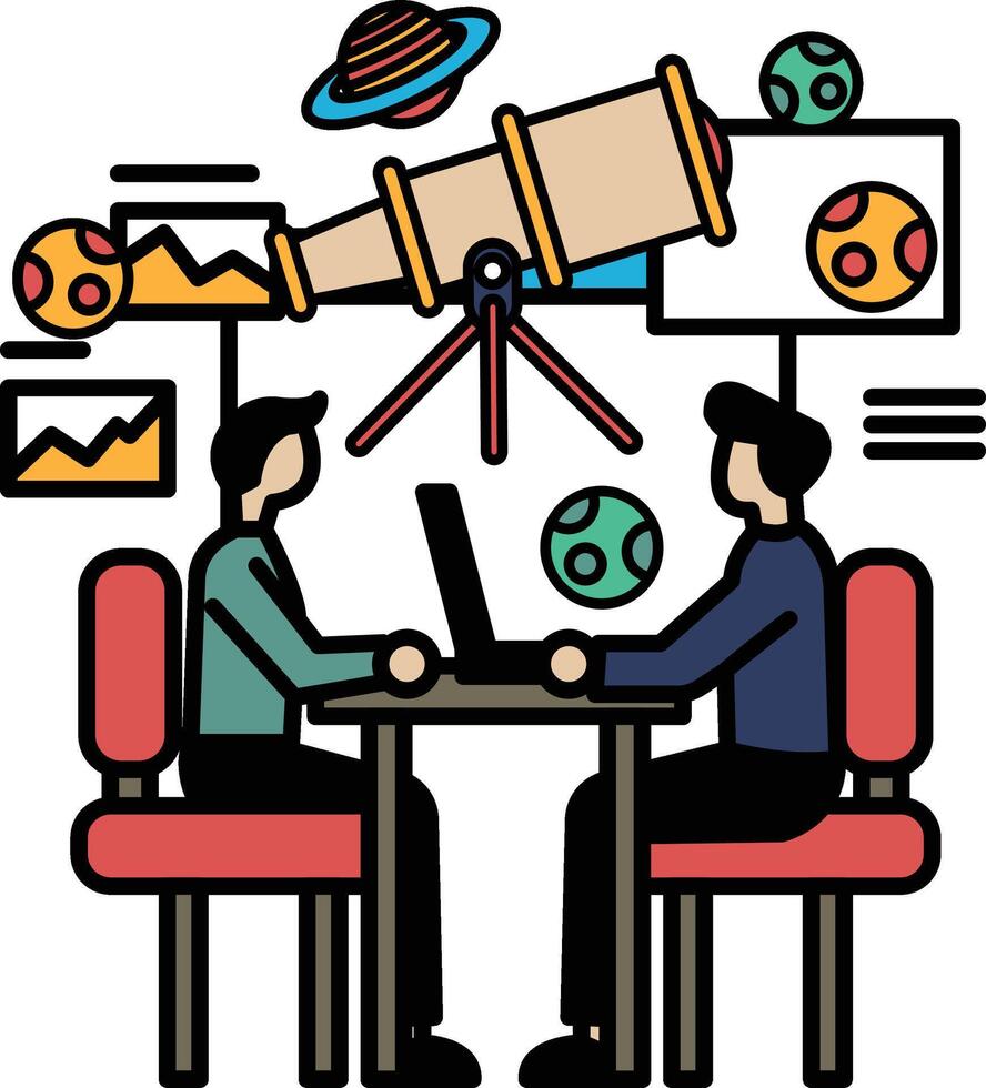 Two men sitting at a table with a telescope in the background vector