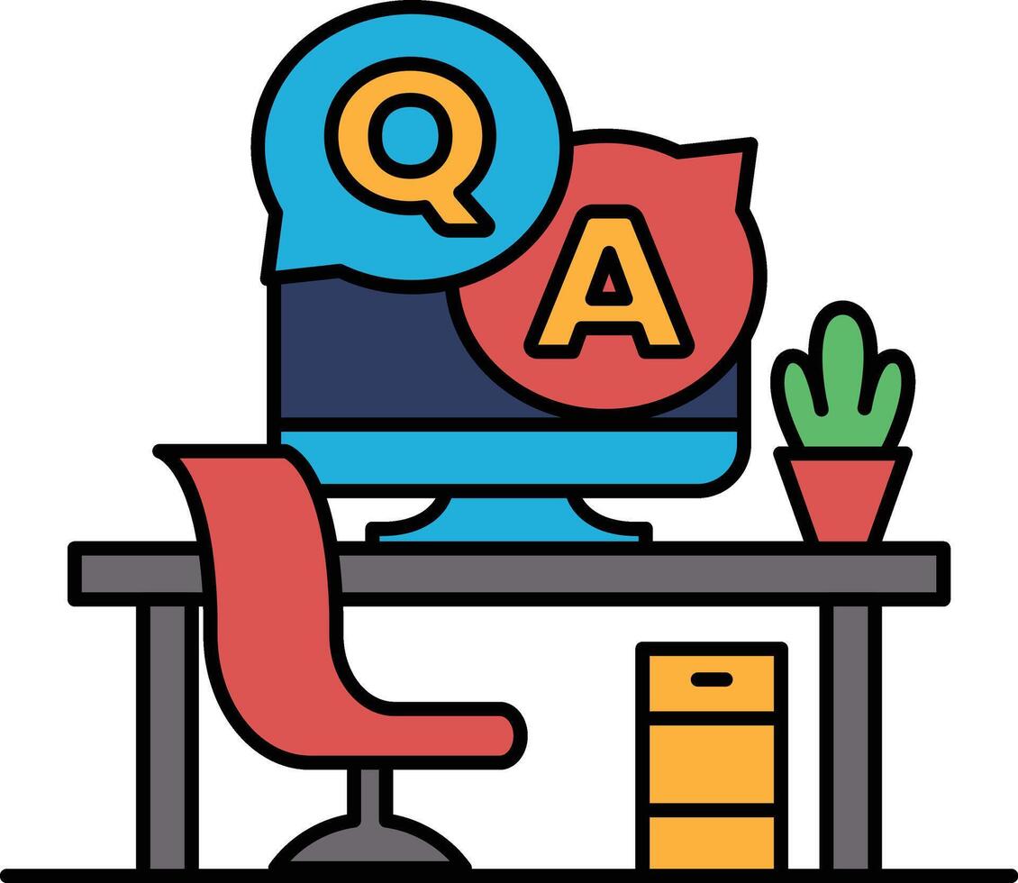 A computer monitor with a Q and A on it sits on a desk with a red chair vector