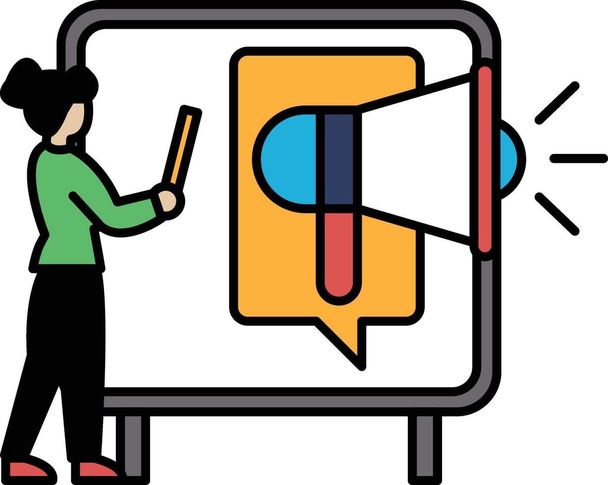 A woman is standing in front of a large sign with a microphone on it vector