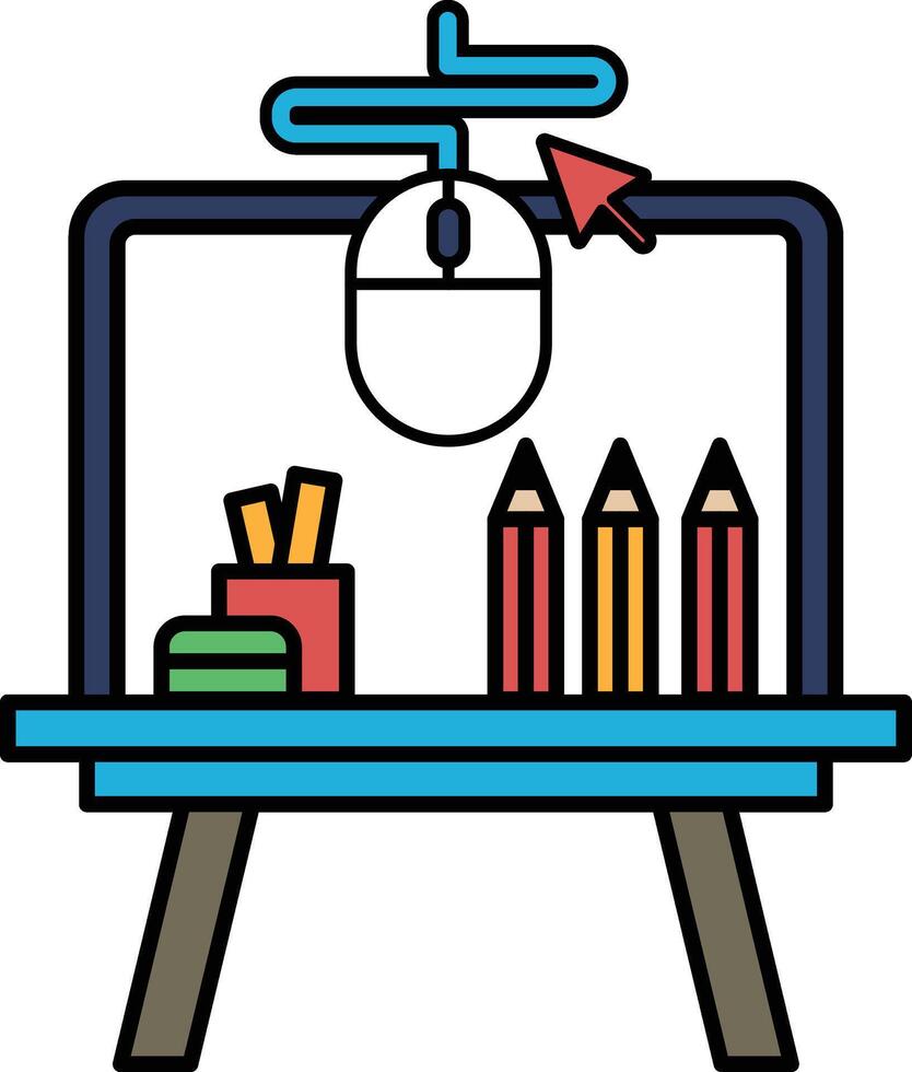 A computer mouse is on a desk with a pencil and a pen vector