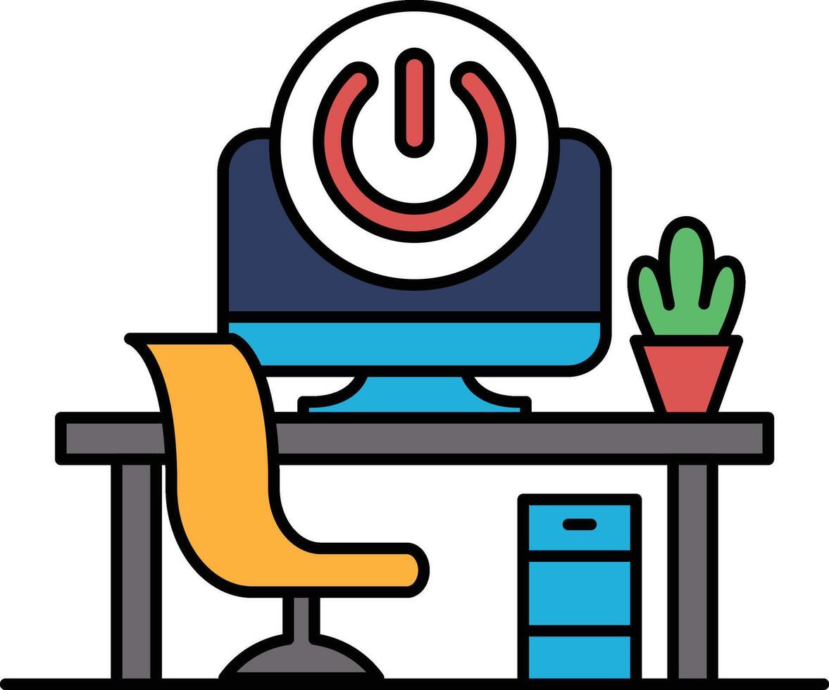 A computer monitor with a power button on it sits on a desk with a yellow chair vector