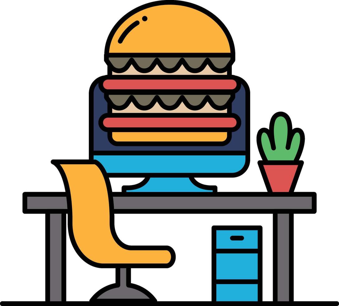 A computer monitor sits on a desk with a large hamburger on top of it vector