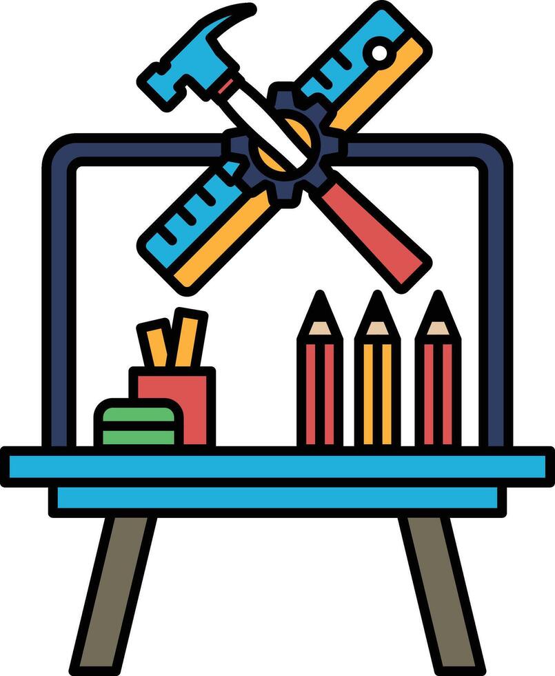 A blue table with a hammer, ruler, and pencils on it vector