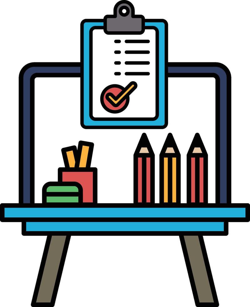 A blue desk with a clipboard and pencils on it vector