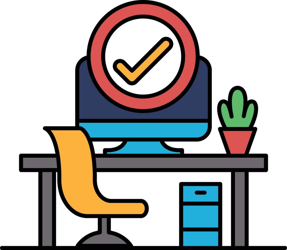 A computer monitor with a red check mark on it sits on a desk with a chair vector
