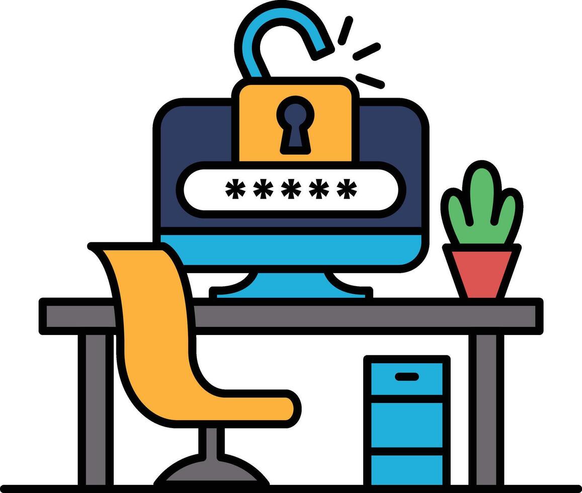 A computer monitor with a lock on it and a plant in the background vector