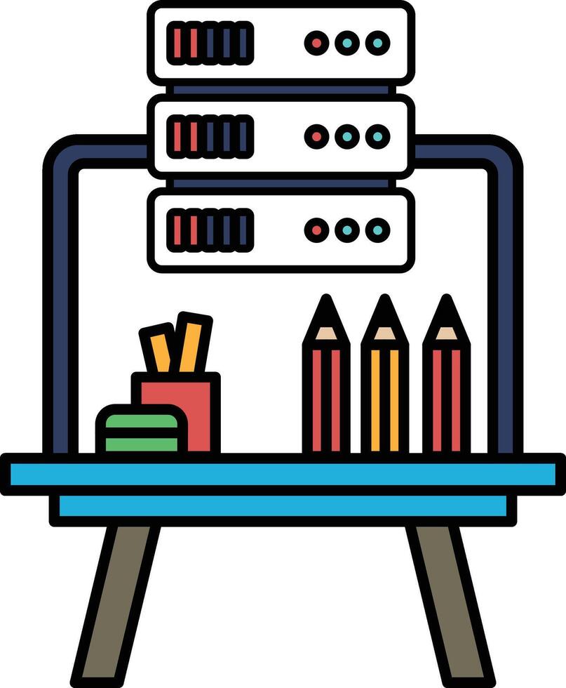 A computer desk with a laptop, a pencil holder, and a cup of pens vector