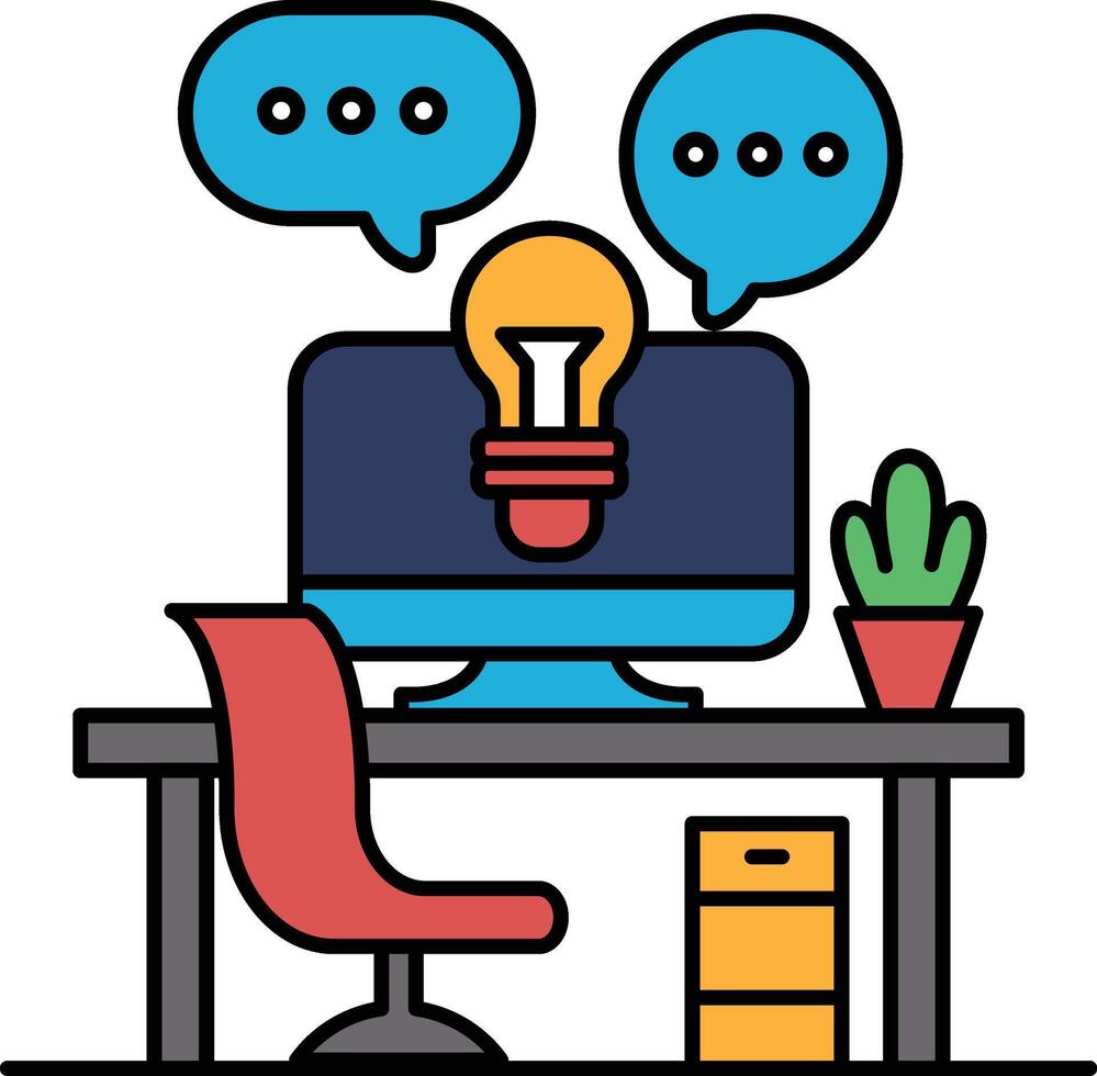 A computer monitor with a light bulb on it is on a desk with a red chair vector
