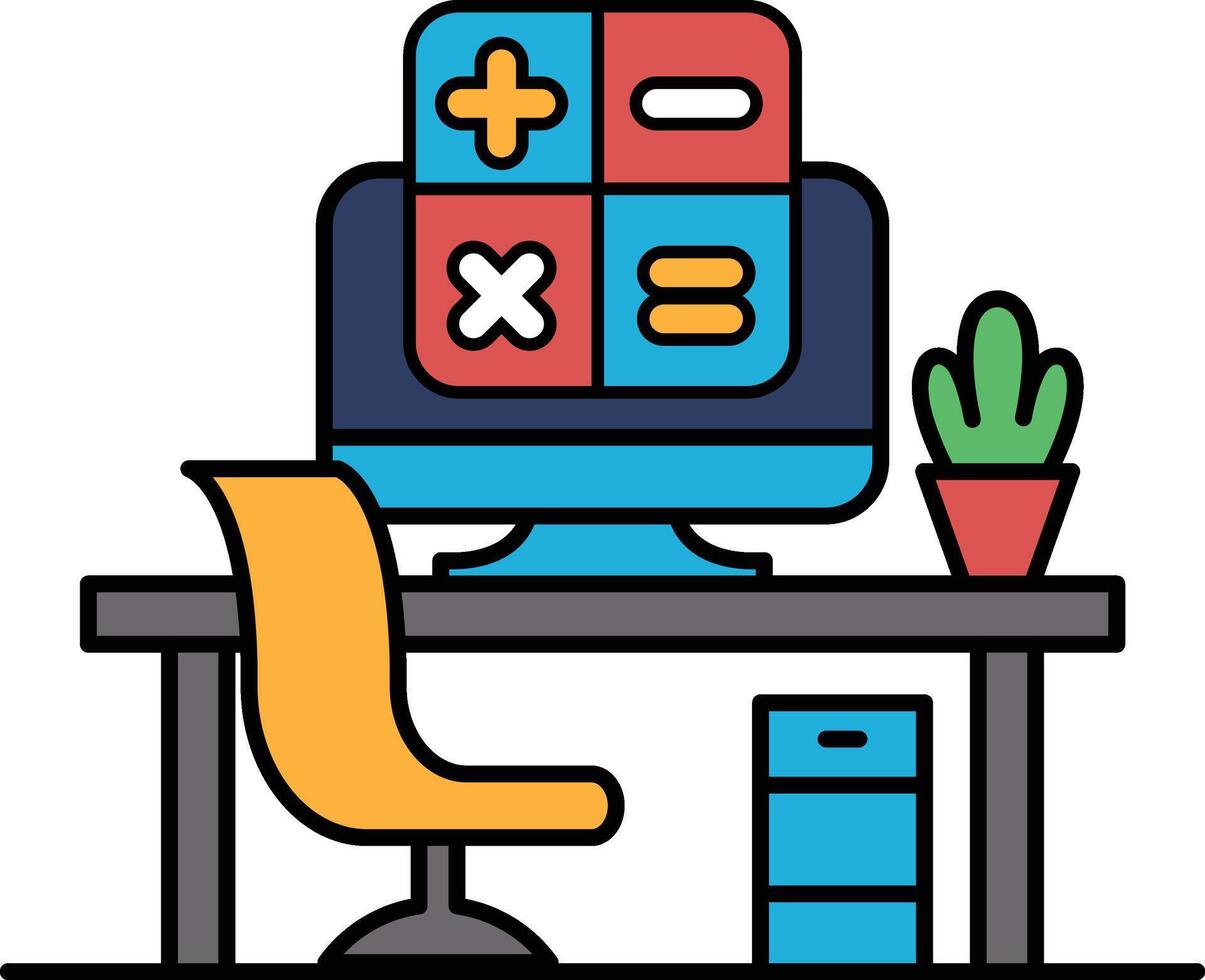 A computer monitor with a calculator and a plant on a desk vector