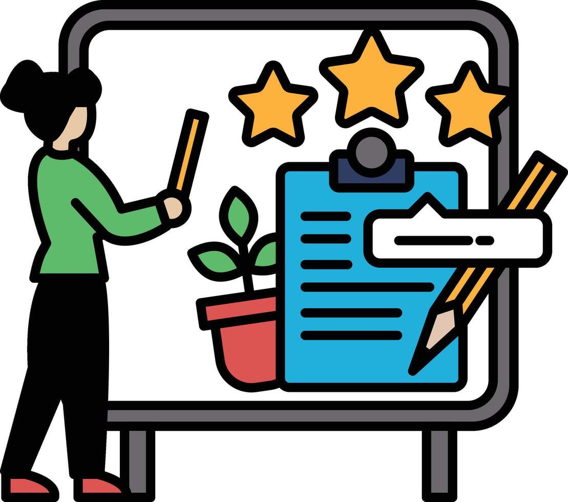 A woman is standing in front of a white board with a pencil and a green plant vector