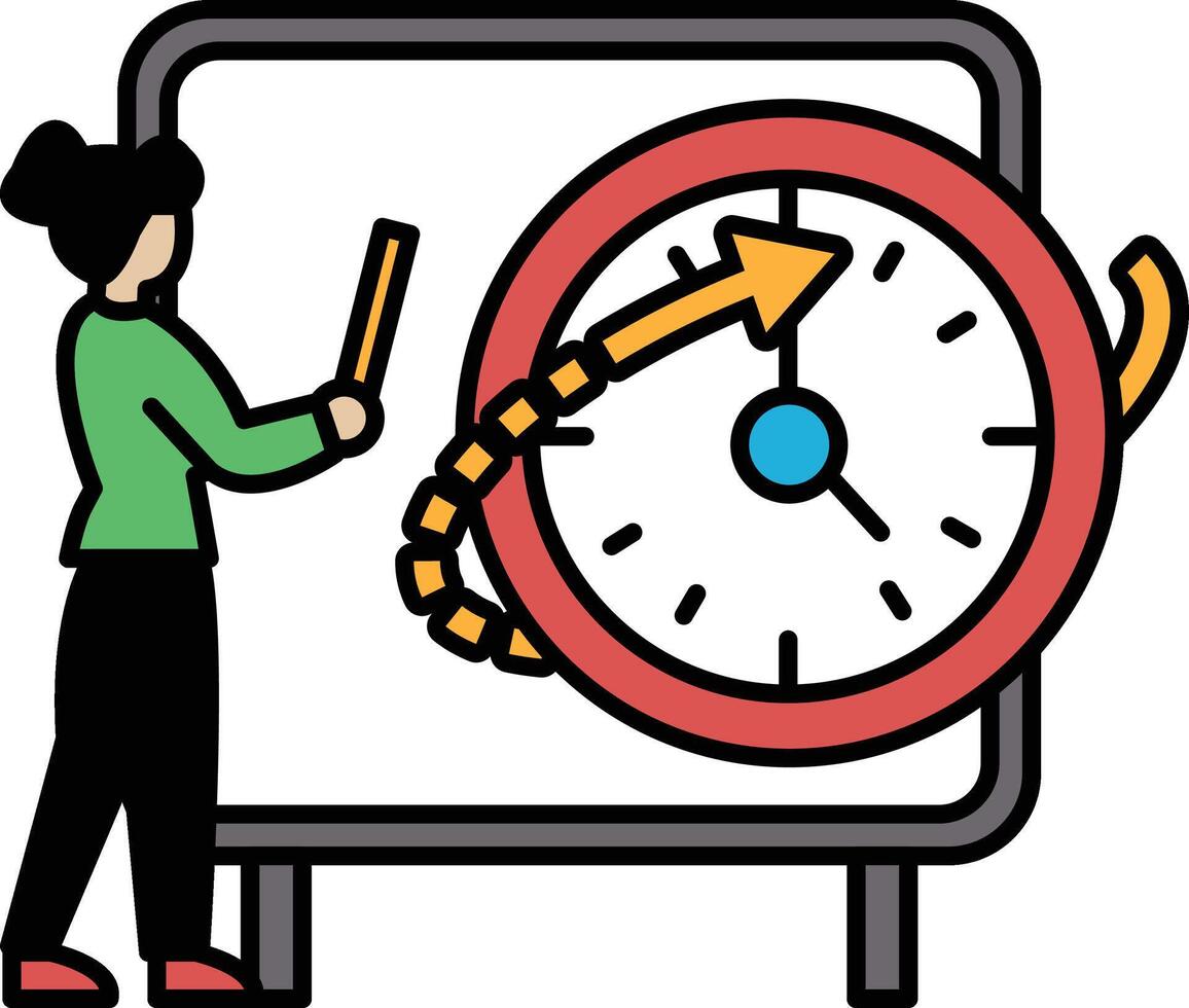 A woman is standing in front of a white board with a clock on it vector