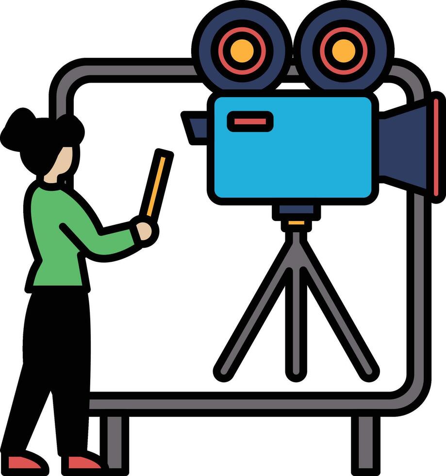 A woman is holding a camera and standing in front of a white board vector
