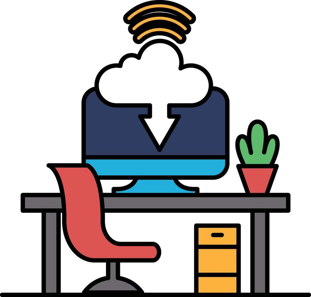A computer monitor with a cloud icon on it is on a desk with a red chair vector