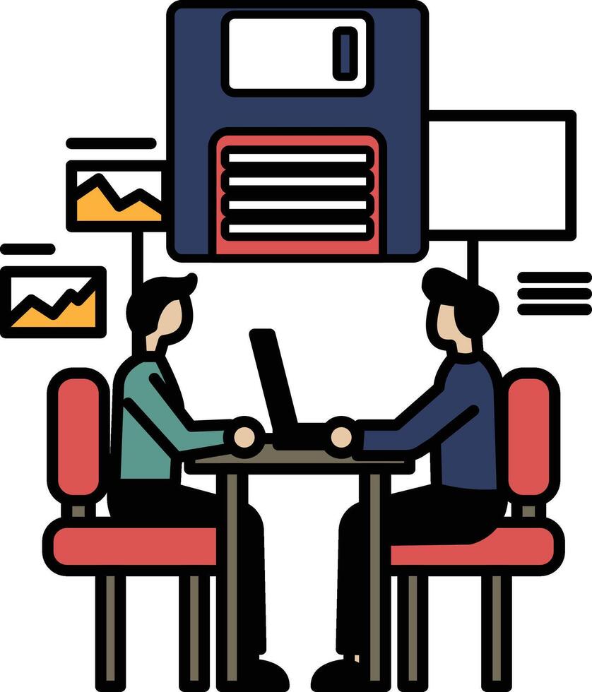 Two men sitting at a table with a floppy disc in the background vector