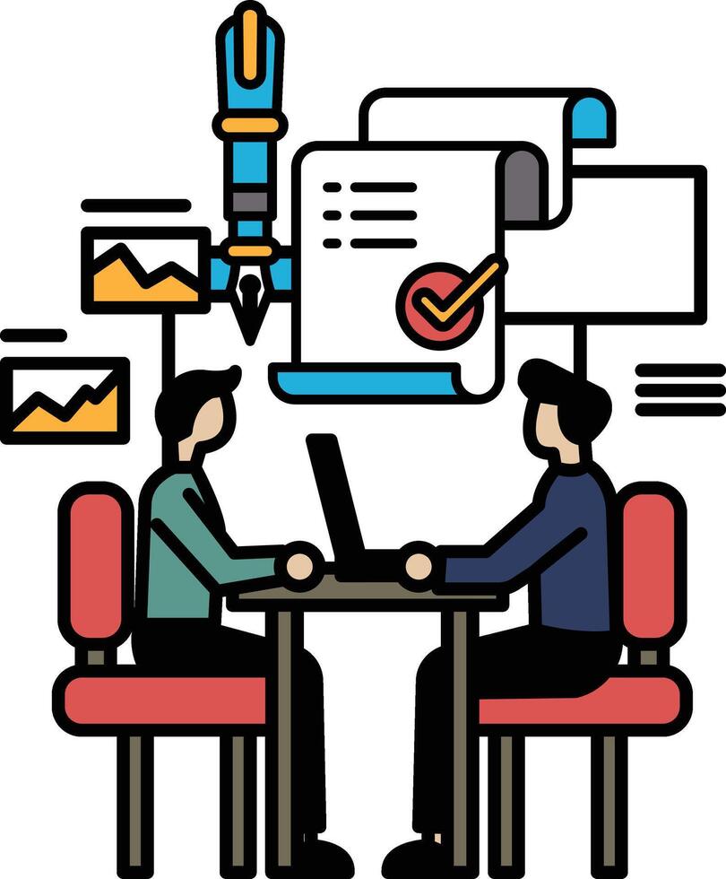 Two men sitting at a table with a pen and paper in front of them vector