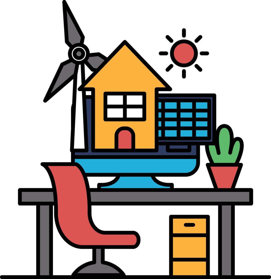 A drawing of a house, a computer monitor, and a potted plant on a desk vector