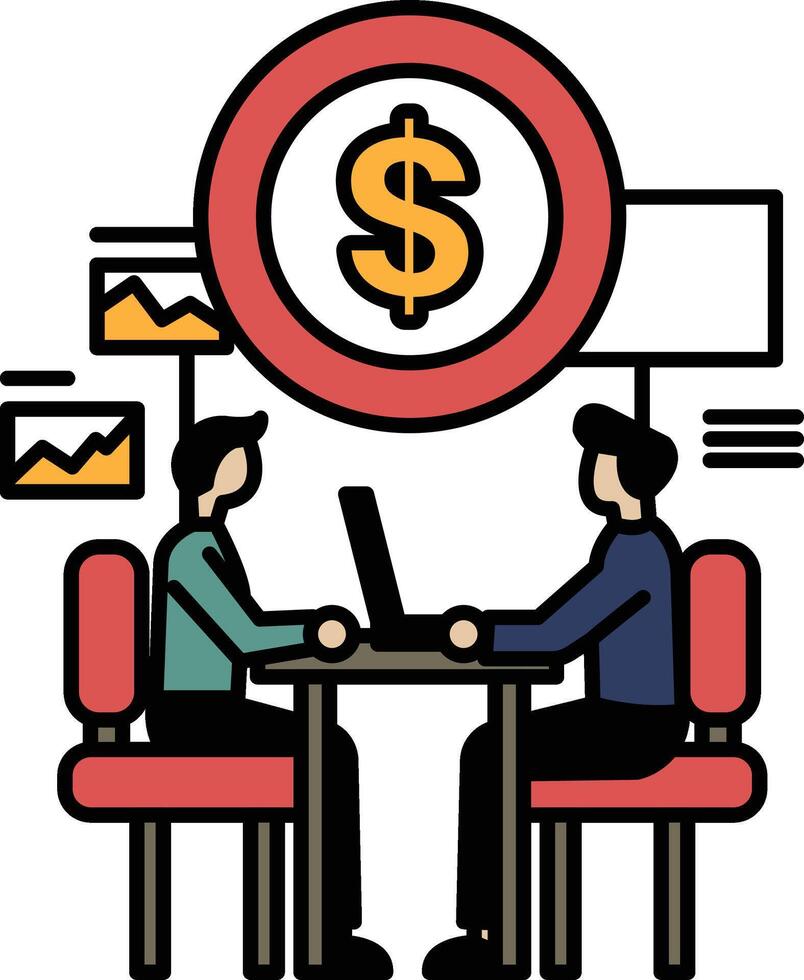 Two men sitting at a table with a dollar sign in the middle vector