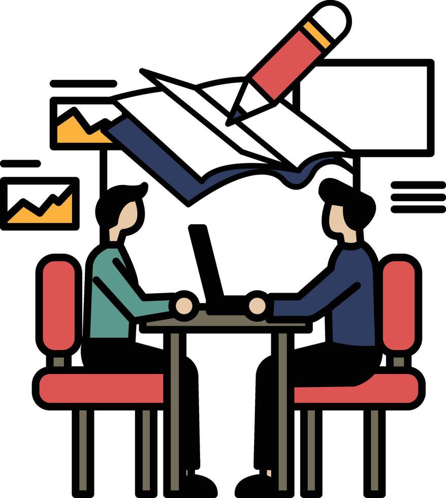 Two men sitting at a table with a book and a pen vector
