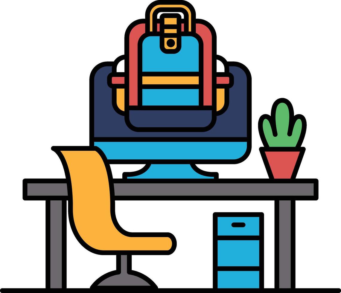 A computer monitor sits on a desk with a backpack vector