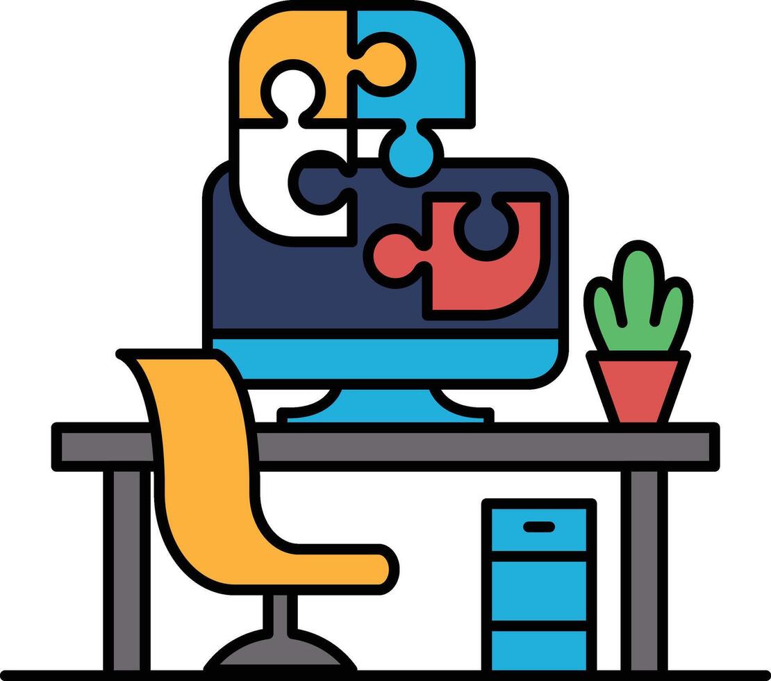 A computer monitor is displayed on a desk with a chair and a potted plant vector