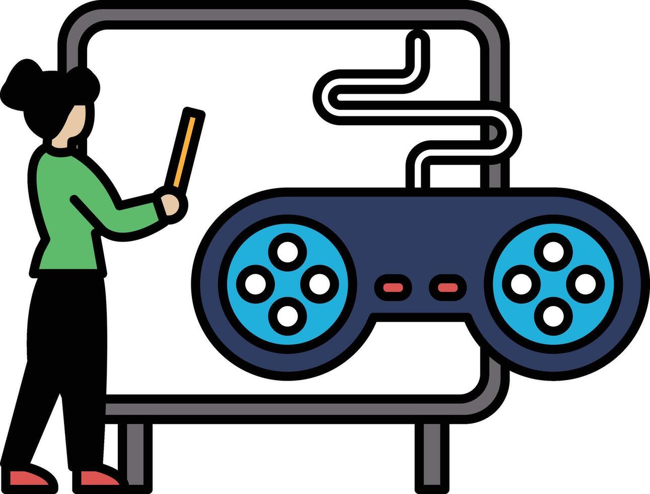 A woman is standing in front of a white board with a game controller on it vector
