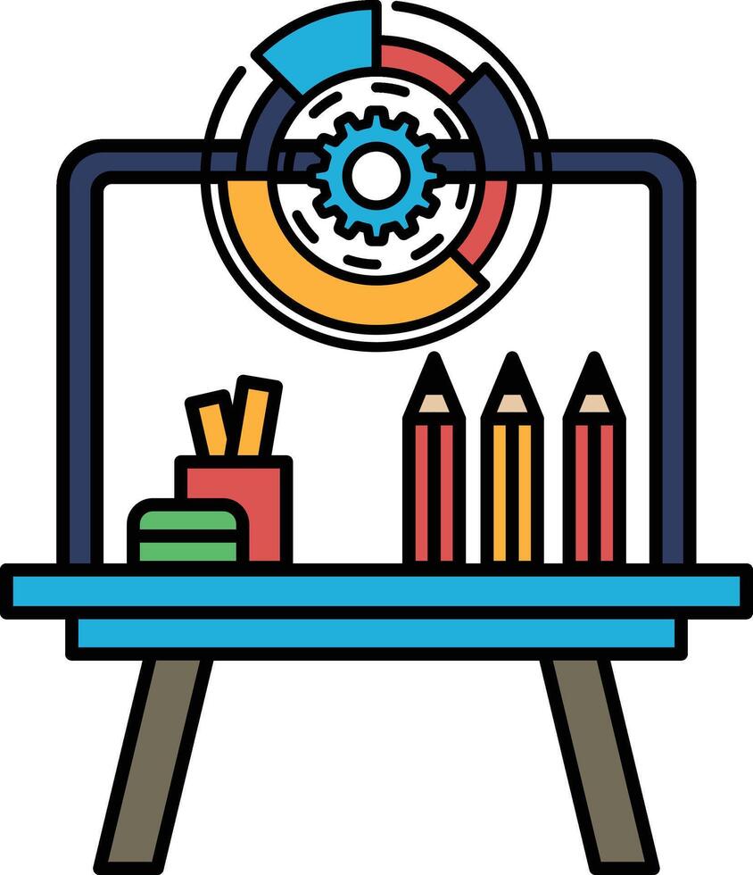 A blue table with a laptop and a pencil holder vector