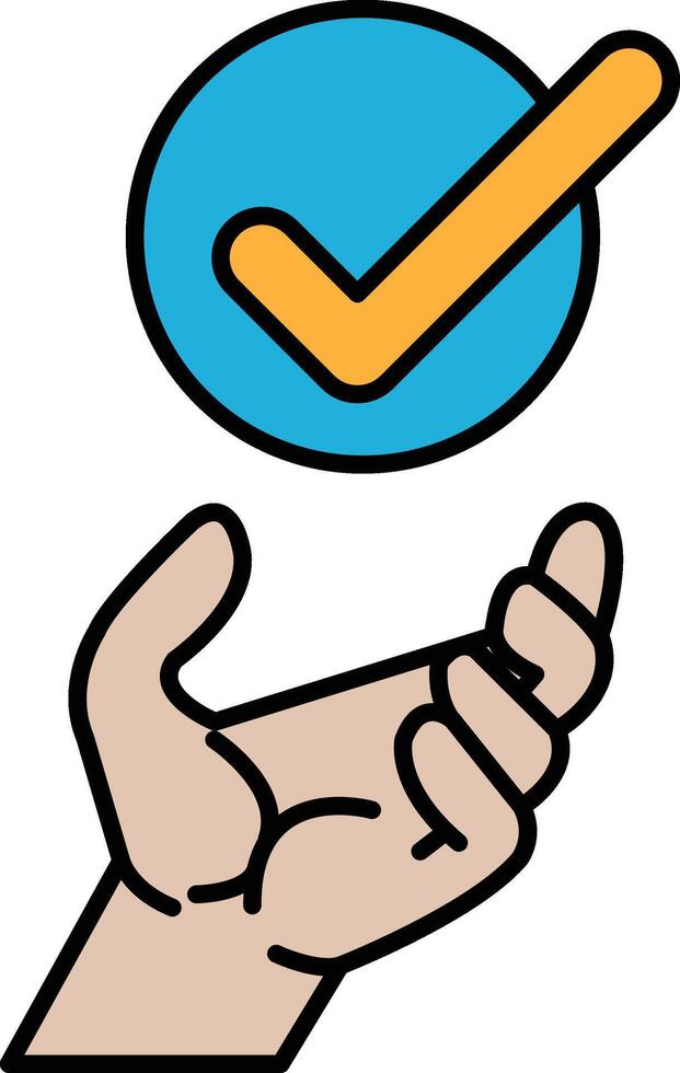 A hand holding a blue and yellow check mark vector