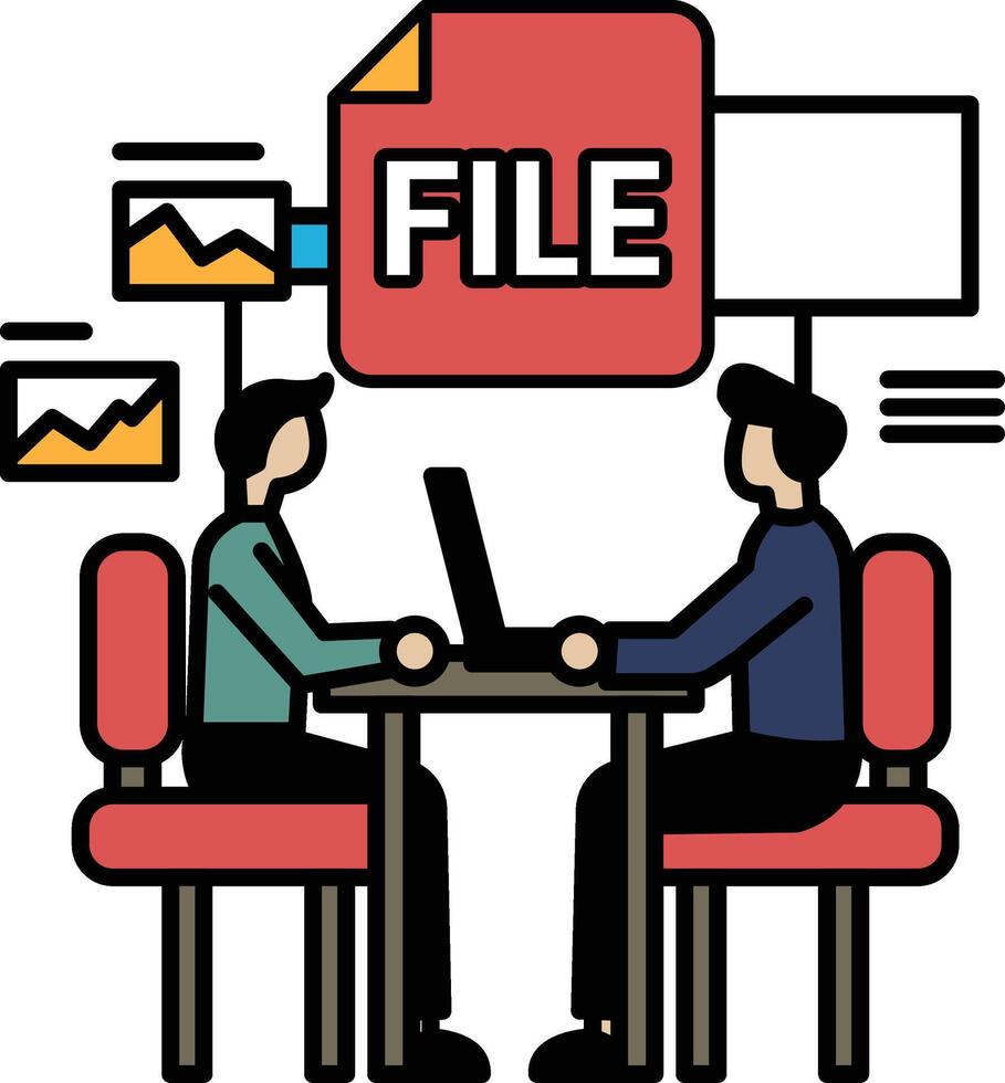 Two men sitting at a table with a red file folder in the background vector