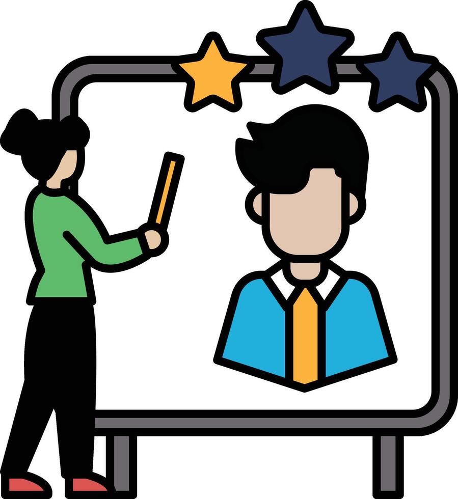 A woman is drawing a man on a white board vector