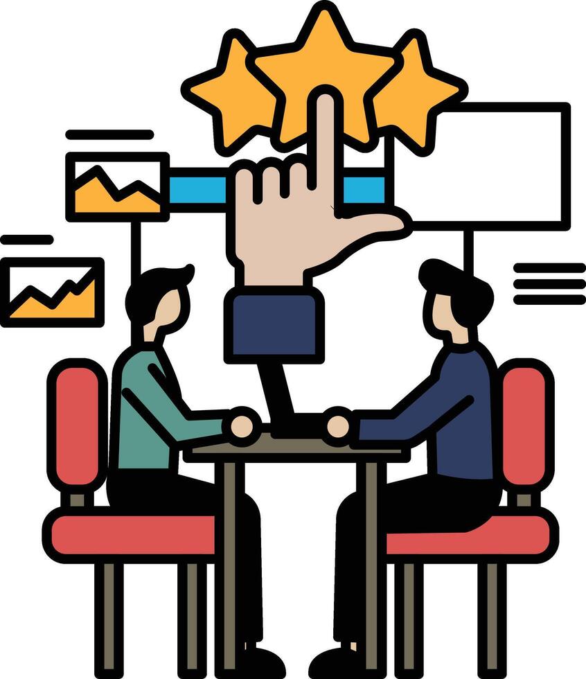 Two men sitting at a table with a hand pointing to a star vector