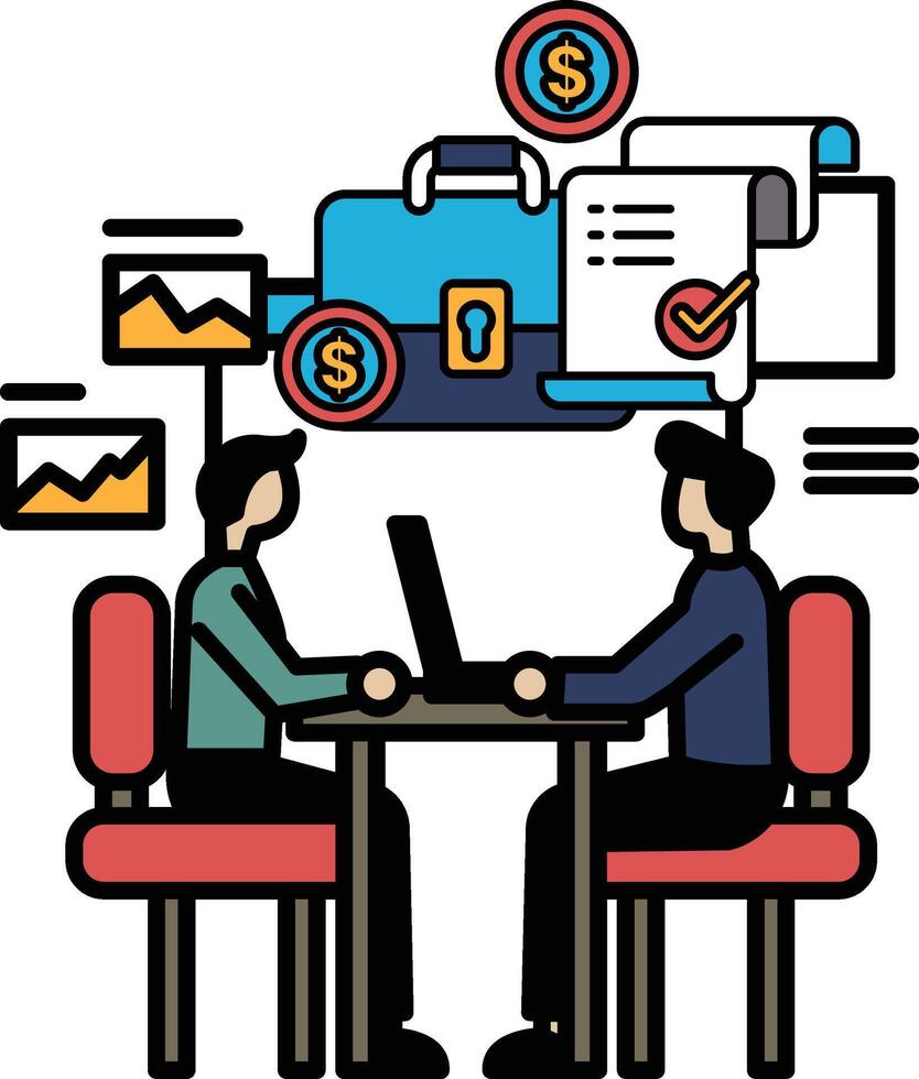 Two men sitting at a table with a laptop and a briefcase vector