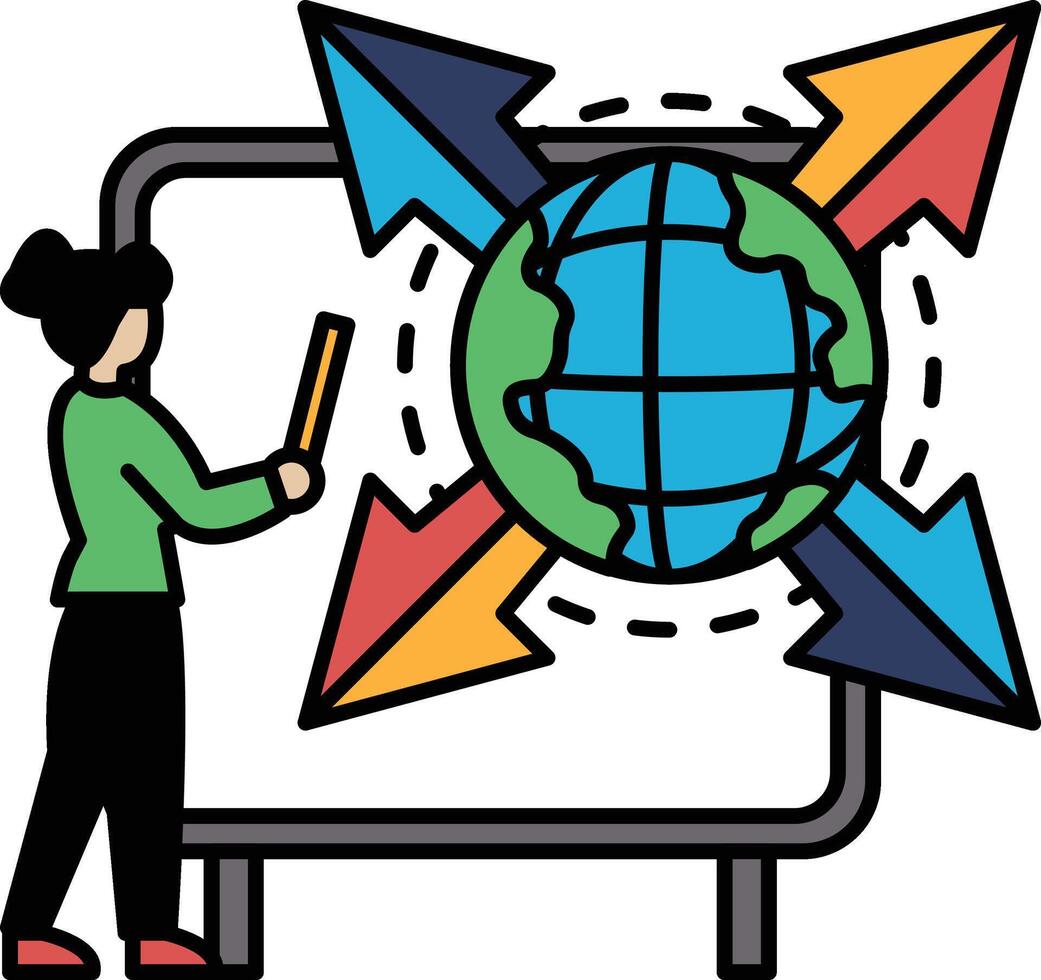 A woman is drawing a globe with arrows pointing to different directions vector
