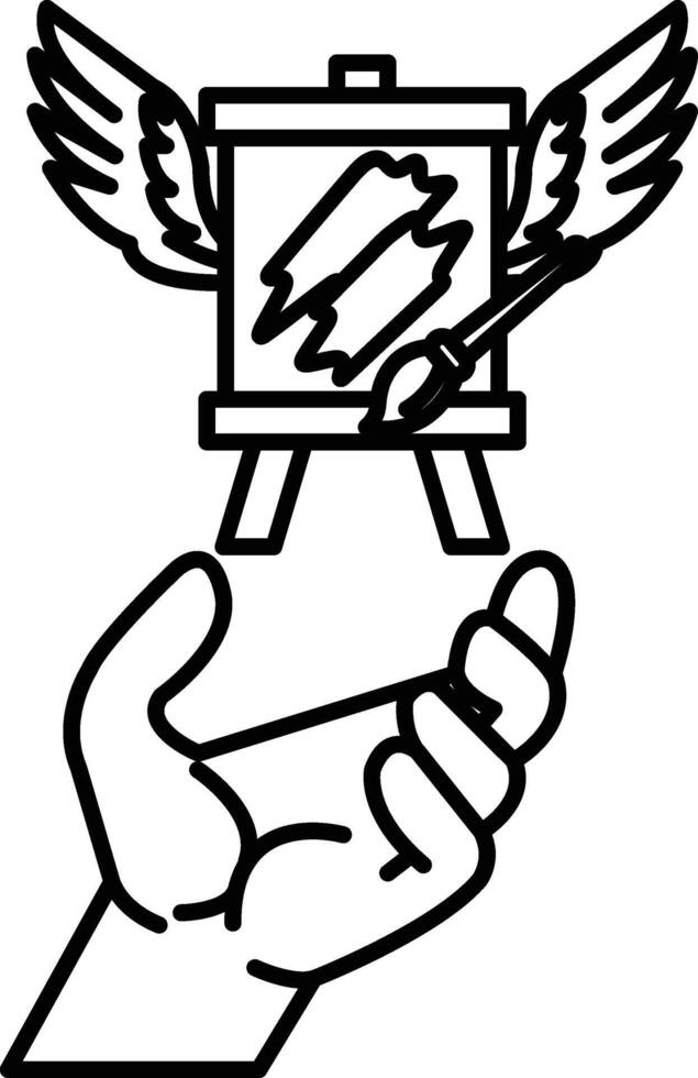 hand holding a painting easel with a painting on it vector