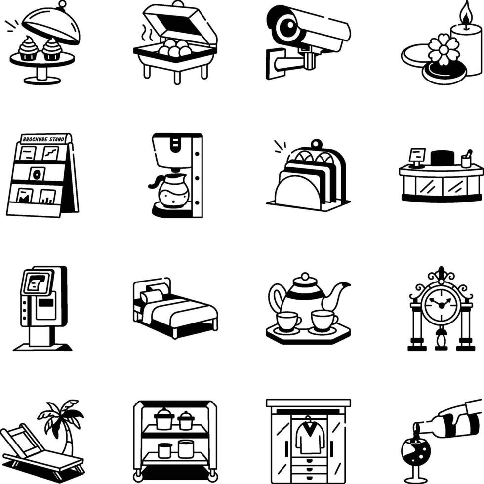 Set of 16 Doodle Style Hotel and Hospitality Icons vector