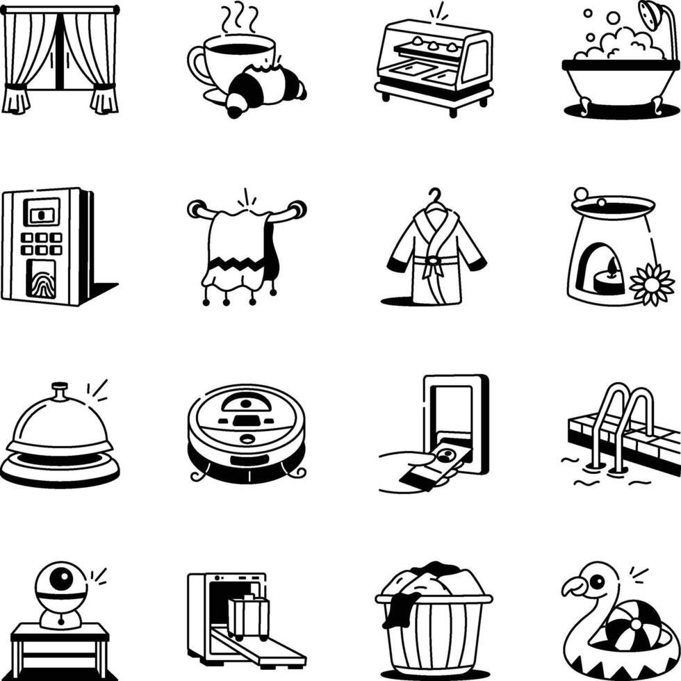 Set of Hotel Equipment Sketchy Style Icons vector