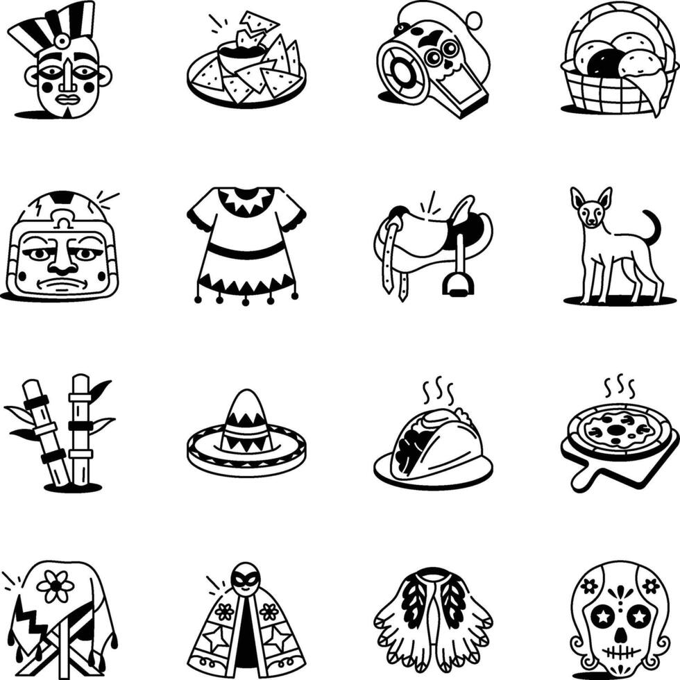 Colletion of Mexican Traditions Doodle Style Icons vector