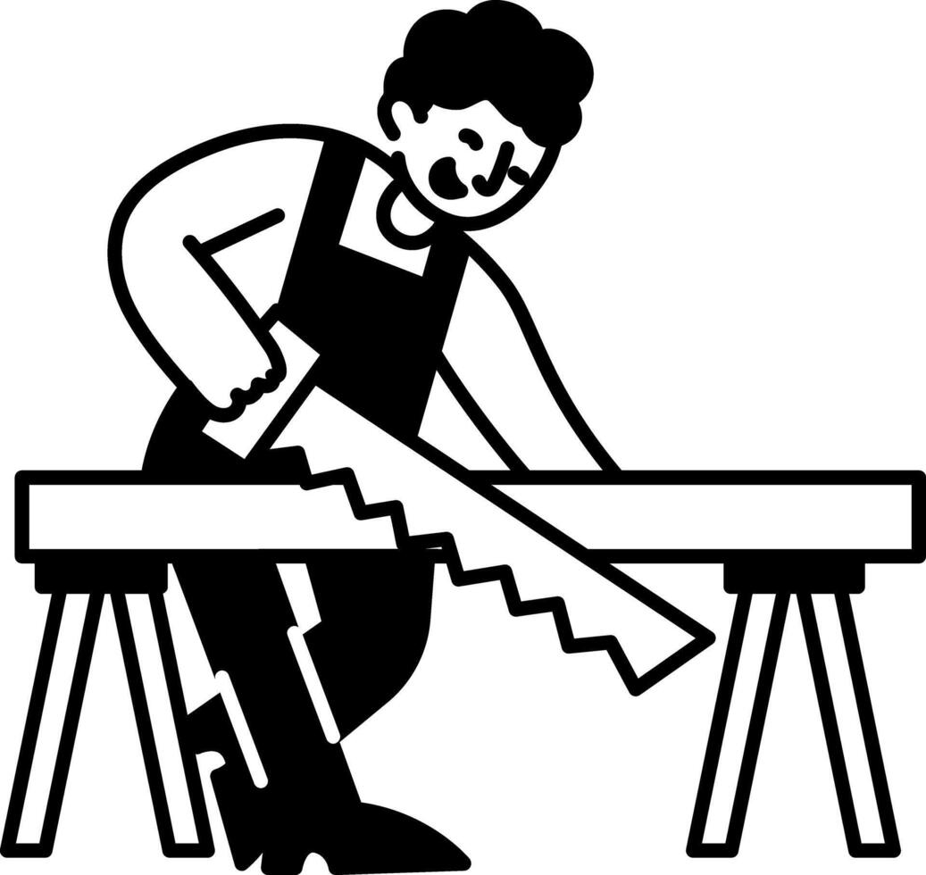 A carpenter cutting wood with a handsaw, doodle icon vector