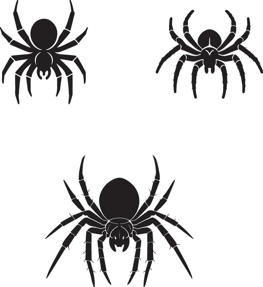 Set of black spider silhouette icons, symmetrical spider design vector