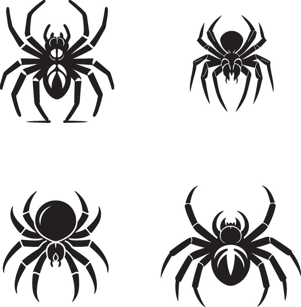Set of black spider silhouette icons and spider design. vector