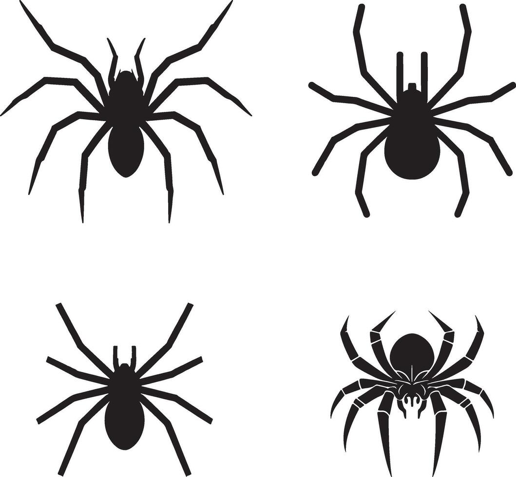 Set of black spider cons, symmetrical spider design. vector