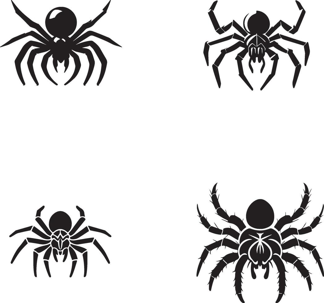 Set of black spider silhouette icons, symmetrical spider design. vector