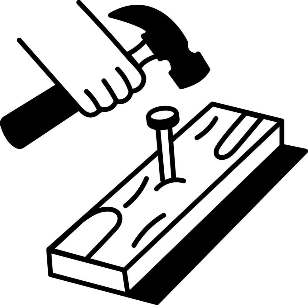 Nail fixing with hammer, hand drawn style icon vector