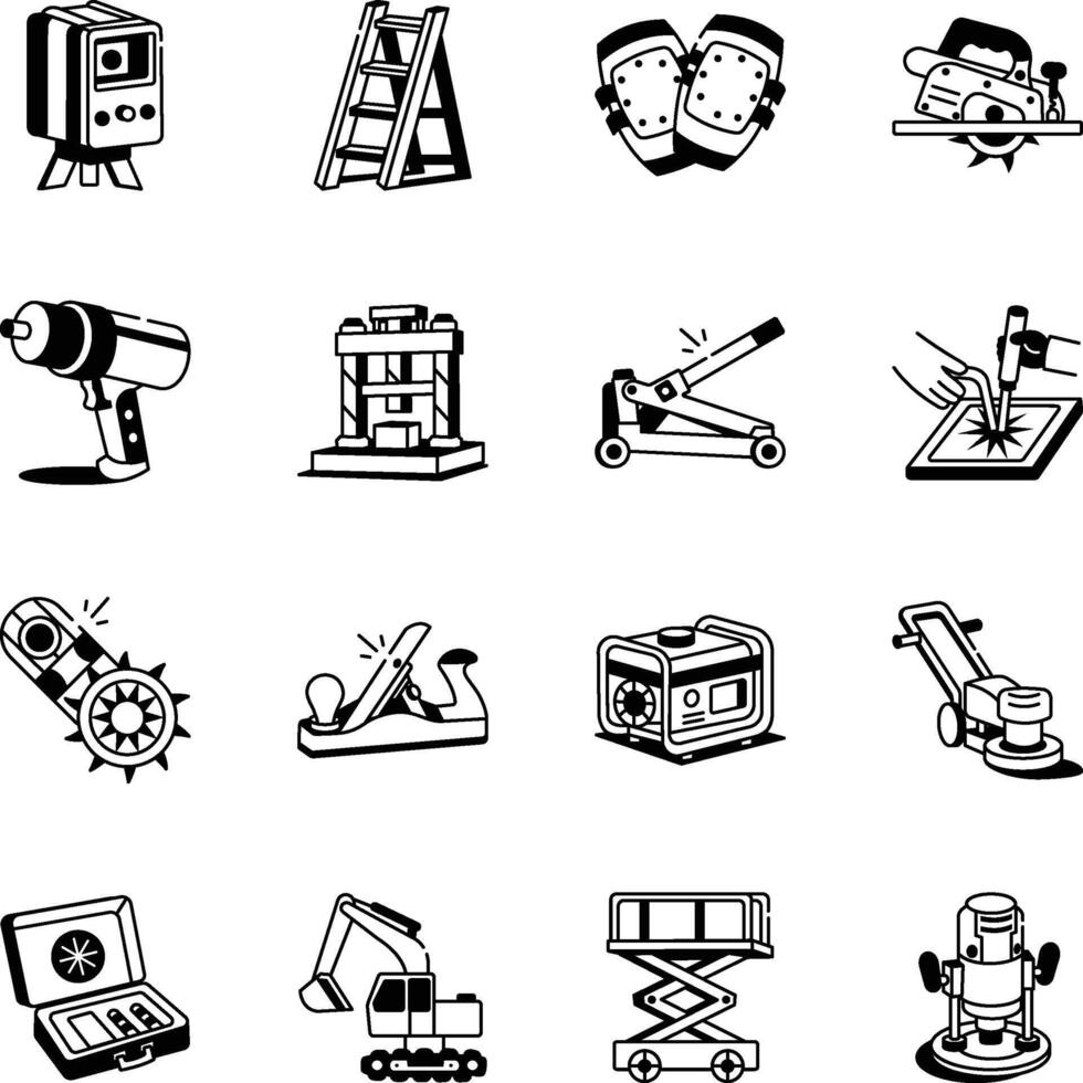 Collection of Construction Tools Doodle Style Icons vector