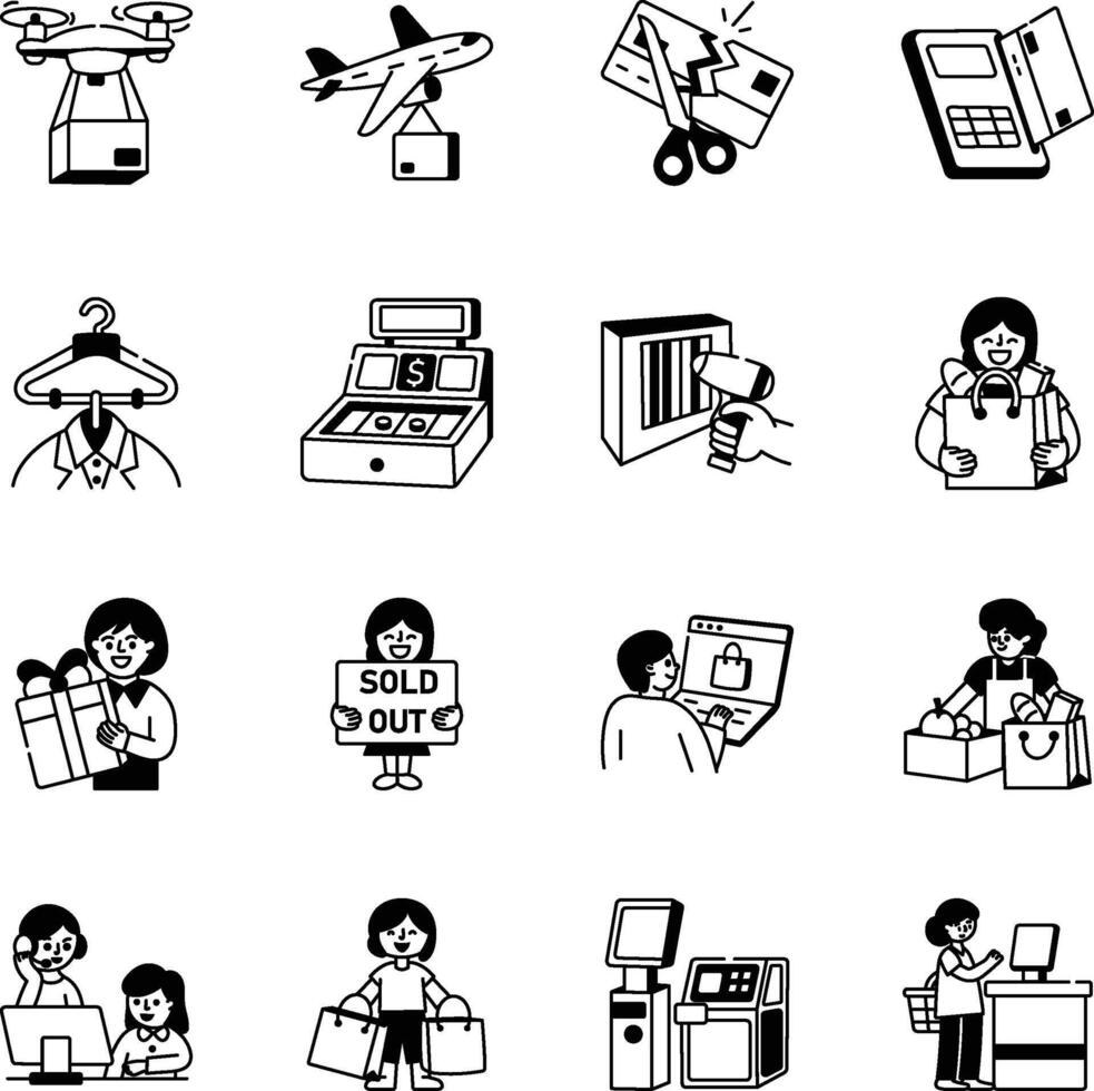 Set of Doodle Style Shopping Items Illustrations vector