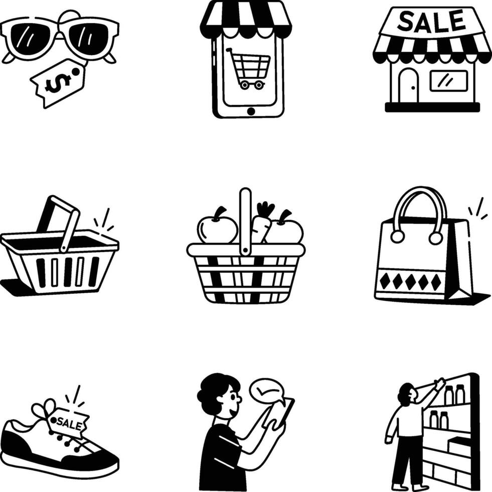 Pack of Sketchy Style Shopping Sale Illustrations vector