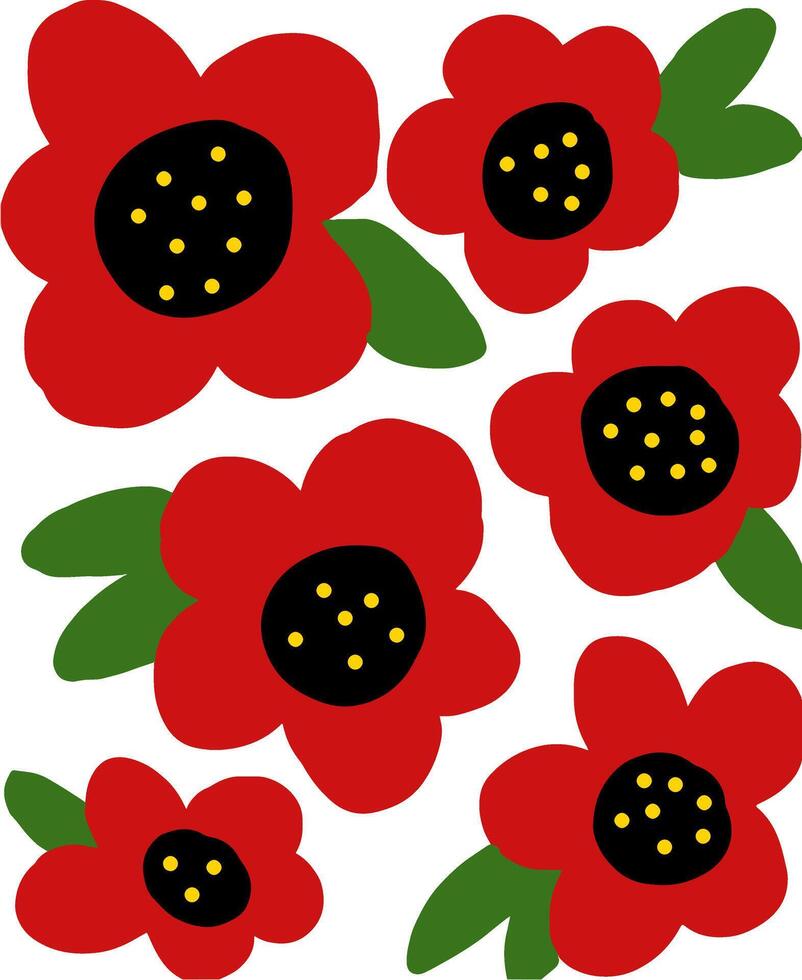 Stylized Red Flower Composition with Green Leaves vector